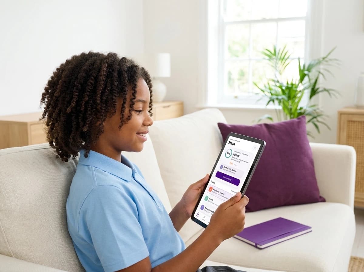 A student using Revyz on a tablet on the sofa after school