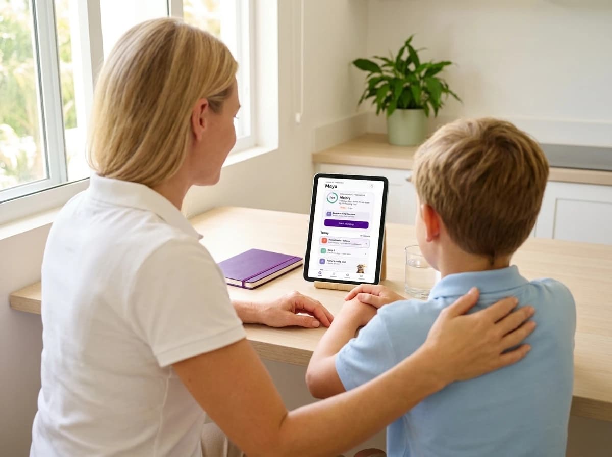 A parent and child looking at Revyz progress together