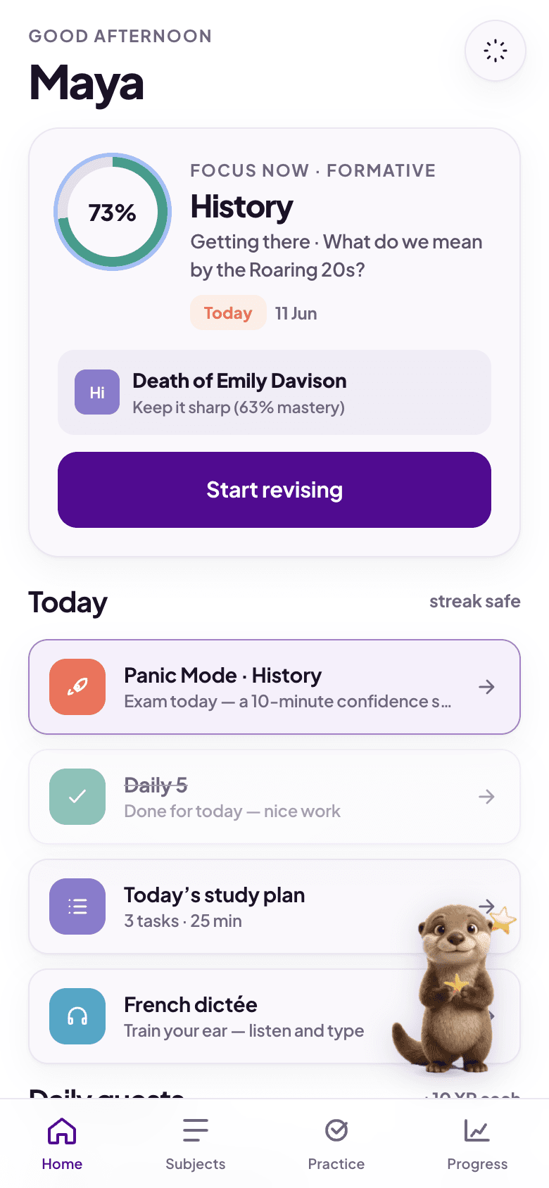 Revyz student home screen showing the Daily 5, streak and readiness