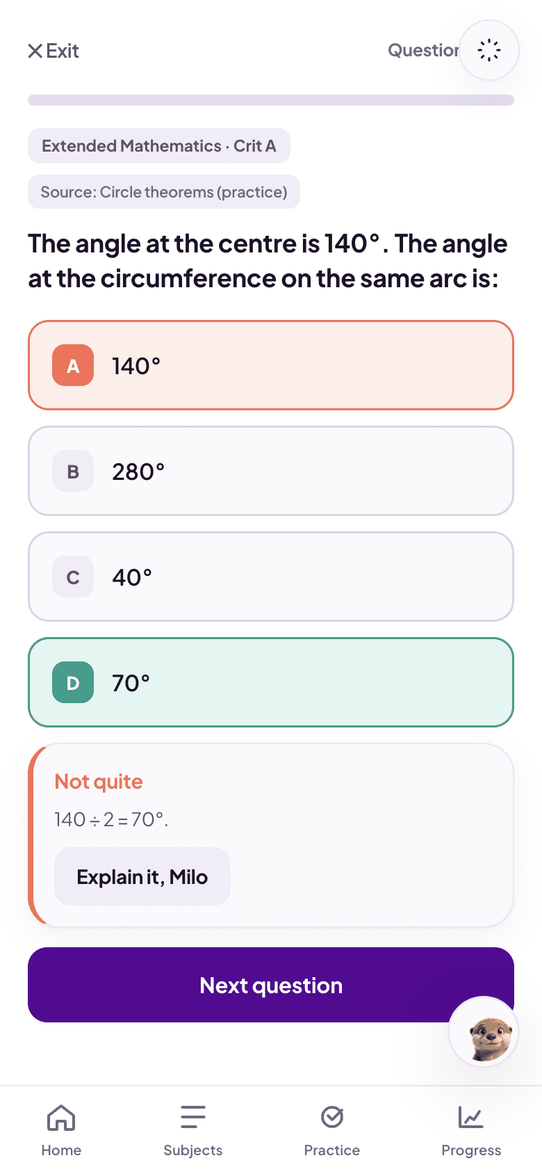 A Revyz quiz with instant feedback and the Explain it, Milo button